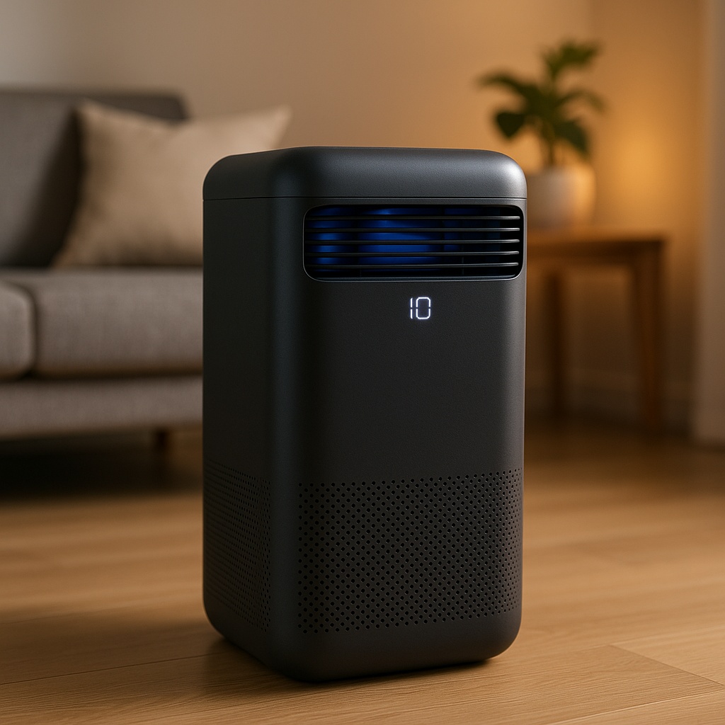 Dunkler, moderner Luftreiniger mit LED-Anzeige in einem gemütlichen Wohnzimmer – Symbolbild für den besten Luftreiniger 2025 für dein Zuhause.